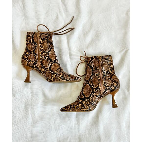 ASOS Design Tan / Brown Snake Animal Print Lace Up Kitten Heel Ankle Boots - Picture 2 of 9